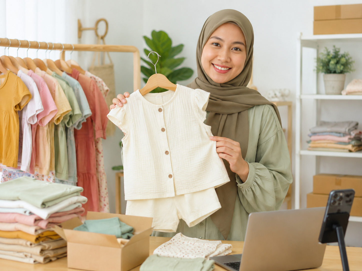 Seller online memegang setelan baju anak untuk sesi live selling
